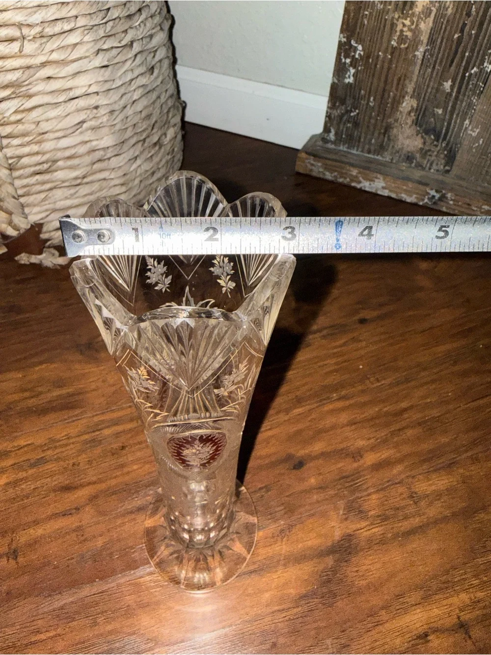 Vintage Bohemian Czech Crystal Vase Ruby Flash Gold Gilt Floral 10” Vase (Rare)